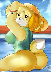 2020 aerth animal_crossing animal_crossing_new_horizons ass big_ass big_butt blonde_fur blonde_hair blush breasts butt_shot canine female female_focus female_only fluffy fluffy_tail isabelle_(animal_crossing) looking_over_shoulder new_horizon nintendo shih_tzu solo thick_thighs thighs yellow_fur