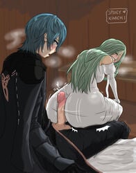 1boy 1girls armor ass big_ass big_penis buttjob byleth_(fire_emblem) byleth_(fire_emblem)_(male) fire_emblem fire_emblem:_three_houses green_eyes green_hair hot_dogging messy_hair pants_down penis penis_out rhea_(fire_emblem) rhealeth sauna spiiicy_kimchi straight sweatdrop sweating