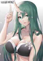 alternative_eye_color arknights big_breasts bra cleavage green_hair horn hoshiguma_(arknights) long_hair oni