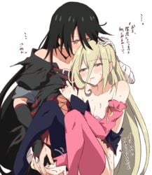 2girls absurdres after_fingering bandaged_arm bandages bare_shoulders black_choker black_hair blonde_hair blue_legwear blush breasts choker cleavage collarbone ear_blush green_eyes hair_between_eyes hand_on_another's_head highres long_hair looking_at_another magilou_(tales) medium_breasts miiii mismatched_legwear multiple_girls pink_legwear pointy_ears pussy_juice saliva simple_background sweat tales_of_(series) tales_of_berseria tears thighhighs translation_request velvet_crowe white_background yellow_eyes yuri