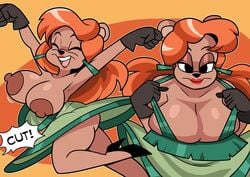 anthro areola big_areola big_breasts breasts brown_body brown_fur clothing dress female footwear fur gloves hair handwear hi_res high_heels julie_bruin lipstick makeup mammal nipples red_hair shoes solo superspoe thick_thighs tiny_toon_adventures ursid warner_brothers