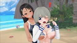 2girls 3d big_breasts bikini black_hair blue_bikini blue_eyes blush breast_grab breasts brown_eyes cleavage clothed clothing cross_(artist) female_focus female_only grey_hair hayase_nagatoro hi_res koikatsu long_hair nipples open_mouth please_don't_bully_me,_nagatoro revealing_clothes school_swimsuit short_hair simple_background small_breasts smug swimsuit uzaki-chan_wa_asobitai! uzaki_hana