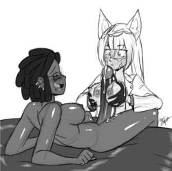 1futa 1girl1futa 1girls aeolus06 after_orgasm animal_ears animal_humanoid completely_nude cum cum_covered cum_on_breasts cum_on_face dark-skinned_futanari dark_skin dreadlocks facial female futa_on_female futanari glasses gloves intersex lauren_taylor monochrome naked naked_glasses nude nude_female nude_futanari orgasm original_character paizuri smiling surprised wolf_ears wolfgirl