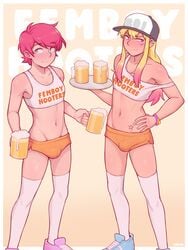 2boys alcohol alternate_version_available baseball_cap beer blonde_hair bulge cap crossdressing drink dross english_text femboy femboy_hooters fit girly hat hi_res hooters_uniform jade_(dross) jamie_(dross) legs legwear long_hair looking_at_viewer male male_focus male_only male_with_male multicolored_hair original penis_under_clothes pink_hair pose posing shoes short_hair simple_background skimpy smile smirk standing tattoo text thighhighs trap