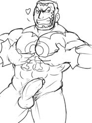 abs bara dark_skin erection gay juggermelon looking_at_viewer male male_only matt_(pokemon) monochrome muscles muscular nintendo pokemon solo team_aqua