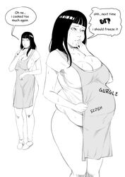 1girls apron belly big_belly big_breasts black_and_white black_hair blush boruto:_naruto_next_generations breasts burping chubby fatpandabutt hyuuga_hinata milf mombod naruto naruto_(series) overweight slippers solo stomach_noises sweat weight_gain