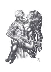 1boy 1boy1girl 1girls avengers big_breasts black_widow_(marvel) boobs boy breasts bust busty cleavage costume drawing drawn eyes_closed female gene_espy gloves hand_on_thigh huge_breasts large_breasts legs lower_body male marvel marvel_comics mask masked monochrome natasha_romanoff outfit pencil_(artwork) peter_parker spider-man spider-man_(series) spy straight straight_hair thighs tits upper_teeth voluptuous waist watermark wide_hips