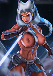 1girls abs ahsoka_tano alien_girl arm_guards black_pants blue_background blue_eyes blue_lips blue_lipstick breasts cleavage clone_wars dandon_fuga energy_sword eyeshadow female female_only fingerless_gloves gloves high_resolution holding_weapon huge_breasts jedi lactating lactation large_breasts lightsaber lipstick looking_at_viewer makeup mascara milk nipples orange_skin pants pinup see-through_clothing solo standing star_wars sword the_clone_wars:_season_seven thick_thighs thighs togruta toned toned_female topless weapon