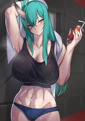 abs arknights arm_behind_head big_breasts blush cleavage green_hair hair_between_eyes horn hoshiguma_(arknights) large_breasts navel oni panties sweat towel underwear yellow_eyes