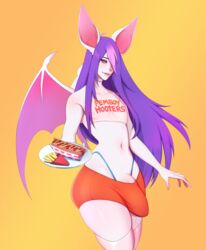 1boy 2020 absurd_res ahoge anthro bat big_bulge big_ears big_penis bulge chiropteran clothing crop_top femboy femboy_hooters food fries fur g-string genitals girly helmed_(character) hi_res highlights_(coloring) hot_dog huge_cock hung_trap leggings legwear long_hair male male_only mammal navel penis pink_highlights platter ryusekikuri seductive shirt solo spats stockings thick_thighs topwear trap underwear uniform waiter white_body white_fur wide_hips wings