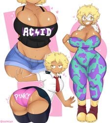 already_uploaded alternate_skin_color blonde_hair breast_squeeze breasts curvy edit female female_only gyaru hero_outfit_(mha) hi_res highres humanized mina_ashido my_hero_academia pantyshot short_hair showing_ass showing_breasts skin_tight thick_thighs