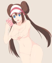 1girls :o areolae big_breasts blue_eyes brown_hair curvy_figure double_bun female hat large_breasts long_hair nintendo nipples pale-skinned_female pale_skin phone pokemon pokemon_bw2 pussy rosa_(pokemon) sombra222 surprised thick_thighs thighs twintails