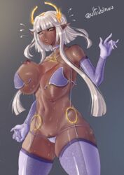 areolae artist_name bangs bikini blunt_bangs blush breasts brillance_(ultrabinou) cameltoe collar cowboy_shot curvaceous dark-skinned_female dark_elf dark_nipples dark_skin elbow_gloves elf elf_ears elf_female erect_nipples eyebrows female female_pubic_hair gloves green_eyes hairband hanging_breasts large_areolae large_breasts light-skinned light-skinned_female looking_at_viewer navel nipples o-ring original original_character pointed_ears presenting presenting_self pubic_hair revealing_clothes skimpy skindentation solo standing sweat swimsuit thick_eyebrows thick_thighs thighhighs thighs ultrabinou very_dark_skin voluptuous wet white_hair wide_hips