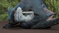 16:9 3d ambiguous_gender asuros blue_(jurassic_world) capcom claws closed_eyes dinosaur dromaeosaurid duo embrace feral feral_on_feral flying_wyvern fur hi_res jurassic_park jurassic_world monster_hunter nargacuga reptile scales scalie sex teeth theropod universal_studios video_games widescreen wings