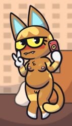 absurd_res animal_crossing anthro blurred_background breasts cellphone domestic_cat felid feline felis female genitals hi_res katt_(animal_crossing) mammal maskedfurry mirror_selfie nintendo phone pussy selfie slightly_chubby solo video_games