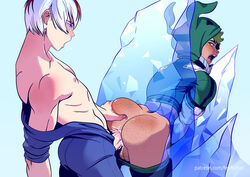 2boys ahe_gao anal anal_penetration anal_sex ass ass_grab balls bending_over bent_over big_ass big_penis blue_eyes blush clothed clothing cum cum_in_ass cum_inside fehforfun freckles gay gay_sex green_eyes green_hair hand_on_ass hero_outfit_(mha) ice izuku_midoriya looking_back male male/male male_anal male_on_male male_only male_penetrated male_penetrating my_hero_academia open_mouth red_hair short_hair shouto_todoroki squeezing_butt stuck_in_ice thick_penis thick_thighs two_tone_hair uncensored white_hair yaoi