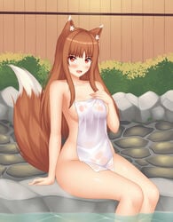 big_ass big_breasts cute fangs holo hot_spring kemonomimi naked shiny_skin spice_and_wolf teasing thighs towel voluptuous wet