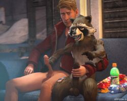 2020 2boys 3d 5:4 anthro averyhyena balls bottomless chris_pratt claws clothed clothing duo erection feral furniture genitals gesture guardians_of_the_galaxy handjob human human_on_anthro humanoid_genitalia humanoid_penis interspecies large_penis laugh male male/male male_on_anthro male_only mammal marvel masturbation mutual_masturbation penile penile_masturbation penis peter_quill pointing procyonid raccoon rocket_raccoon sagging_balls sex sitting sofa source_filmmaker tongue video_games yaoi