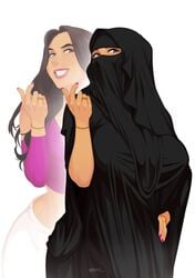 1girls 2019 arabian beckoning big_breasts breasts brown_hair brown_skin dark-skinned_female dark_skin eyeshadow hijab hijabolic makeup married_woman midriff midriff_baring_shirt muslim najla_al-dosari_(darksidex) niqab smile solo solo_female thick_thighs watch