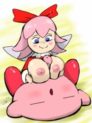 1boy 1girls anthro godalmite kirby kirby_(series) kirby_64 large_breasts paizuri penis ribbon ribbon_(kirby) smile