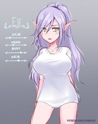 big_breasts blush breasts clothing elf female female_only hair humanoid humanoid_pointy_ears lonerfox_(artist) looking_at_viewer sitting solo