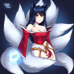 ahri big_breasts black_hair blush breasts clothed cute face_markings facepaint female fox fox_ears fox_girl fox_tail league_of_legends lonerfox_(artist) multiple_tails nails orb pink_lips pink_nipples red_clothes red_clothing riot_games white_fur white_skin yellow_eyes