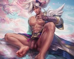 1boy azalien bich_hoan bichhoan big_penis cherry_blossoms drinking gay league_of_legends male male_only painting_(artwork) spirit_blossom_yasuo white_hair yaoi yasuo