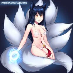 ahri big_breasts black_hair blush breasts cum cum_on_body cute face_markings facepaint female fox fox_ears fox_girl fox_tail league_of_legends lonerfox_(artist) multiple_tails nails nude nude_female pink_lips pink_nipples riot_games white_fur white_skin yellow_eyes