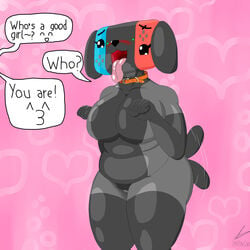 <3_background 1:1 absurd_res ace_d_wolf animate_inanimate anthro ass big_butt blush bodily_fluids breasts canid canine collar female furry genital_fluids genitals good_girl grey_body heart hi_res mammal nintendo nintendo_switch nude open_mouth pet_praise pink_background pussy_juice saliva simple_background slightly_chubby smile solo standing switch_dog text thick_thighs tongue tongue_out video_games wide_hips