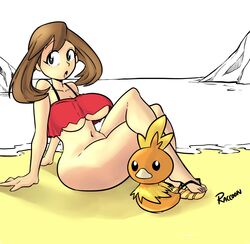 1girls beach big_breasts bottomless brown_hair female human large_breasts may_(pokemon) navel nintendo pale-skinned_female pale_skin partially_colored pokemon pokemon_rse raccoonserver thick_thighs thighs torchic voluptuous wide_hips