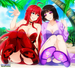 2girls bangs beach black_hair blush breasts choker eyebrows_visible_through_hair eyeshadow female female_only fesforia_meilorei green_eyes grin highres lipstick logo long_hair multiple_girls original original_characters palm_tree red_eyes red_hair sacredcourage sand serenity_addlebeen short_hair sitting smile teeth the_legendary_tauran'creima the_legendary_tauran'creima:_star_beings_of_the_universe