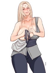 1girls bangs bare_shoulders blonde_hair breasts brown_eyes cleavage curvaceous facial_mark female female_only forehead_jewel forehead_mark high_resolution jewelry jnsdh jonbear_(artist) large_breasts long_hair mature mature_female mature_woman naruto naruto_(series) naruto_shippuden one_breast_out parted_bangs plain_background seductive_smile smile solo standing thick_thighs thigh_gap thighs tsunade very_high_resolution very_long_hair wafuku white_background wide_hips