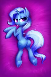 2020 2:3 absurd_res anus ass blue_body blue_fur bodily_fluids cutie_mark digital_media_(artwork) equid equine female feral friendship_is_magic fur furry genital_fluids genitals hasbro hi_res hooves horn looking_at_viewer lying mammal my_little_pony purple_eyes pussy ravensun solo trixie_(mlp) underhoof unicorn