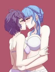 2girls bernadetta_von_varley blue_hair bra braid breasts brown_eyes crown_braid female female_only fire_emblem fire_emblem:_three_houses french_kiss grey_eyes human kissing large_breasts m-a-v-e-r-i-c-k marianne_von_edmund medium_breasts multiple_girls nintendo panties purple_hair short_hair sidelocks tongue tongue_out underwear underwear_only yuri