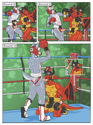 2020 anthro ass balls black_eye_(injury) blood bodily_fluids boots border boxing_gloves bruised canid canine canis clothing competition crotchless_clothing cum cumshot dcheese defeated digital_media_(artwork) dragon ejaculation fighting_ring footwear genital_fluids genitals green_background handwear headgear hi_res horn horn_grab jockstrap kissing kneeling koc male male/male mammal membrane_(anatomy) membranous_wings mouthguard oral penis punch scalie sexfight sexual_competition simple_background turnbuckle underwear white_border wings wolf