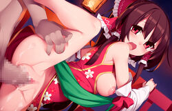 1boy 1girls 2018 absurd_res areolae breasts brown_hair censored chinese_clothes chinese_dress cum_on_thighs mikan_(bananoha) mosaic_censoring nipples open_mouth penis pussy red_eyes reimu_hakurei touhou vagina vaginal_penetration