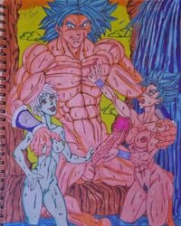 2girls alien_girl broly cheelai dragon_ball dragon_ball_super female female_goku genderswap green_skin humanoid multiple_girls nude nude_female princeadam rule_63 saiyan short_hair son_goku super_saiyan super_saiyan_blue traditional_media_(artwork) white_hair