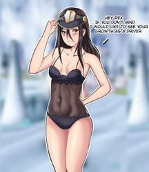 1girls black_hair blush embarrassed lepypepy long_hair morag_ladair_(xenoblade) nintendo solo standing swimsuit text xenoblade_(series) xenoblade_chronicles_2