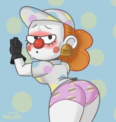 1girls ass big_ass bigtop_burger black_gloves blush body_paint cap clown clown_nose earrings female gloves looking_at_viewer looking_back mallardart panties penny_(bigtop_burger) polka_dot_shirt print_panties solo sweat