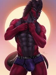 2020 anthro banni_art bulge clothing dragon ghormac_whitefang hair hi_res horn looking_at_viewer male male_only muscular red_body shirt smile solo standing tank_top topwear underwear undressing