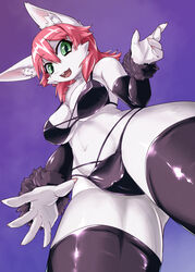 2019 5_fingers anthro blue_background bra breasts butt_from_the_front cameltoe chest_tuft clothed clothing female fingers fur green_eyes hair inner_ear_fluff legwear looking_at_viewer low-angle_view mammal navel open_mouth pink_hair sakamata_orca simple_background smile solo stockings thigh_highs tuft underwear white_body white_fur