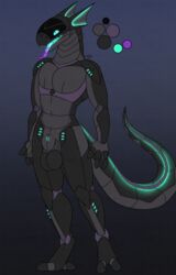 2020 animal_genitalia anthro athletic athletic_anthro athletic_male balls big_balls dakota_haven full-length_portrait fully_sheathed genitals glowing glowing_mouth glowing_tail hi_res machine male model_sheet portrait reptile robot scalie sheath simple_background solo standing synth_(vader-san)