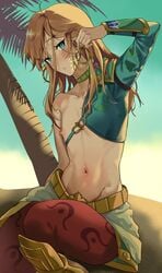 androgynous belly_button blonde_hair breath_of_the_wild desert desert_voe_headband desert_voe_link desert_voe_set desert_voe_spaulder desert_voe_trousers earrings femboy feminine_male girly hoop_earrings link link_(breath_of_the_wild) long_hair nipples solo stomach tamatamako the_legend_of_zelda trap tummy