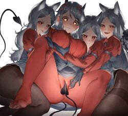 4girls aochoku breast_grab cerberus_(helltaker) covered_pussy demon_girl gray_hair group heart-shaped_pupils helltaker looking_at_viewer modeus_(helltaker) multiple_girls seductive straight_hair tail wolf_ears