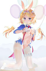 :/ aki_rosenthal animal_ears balloon between_breasts blonde_hair blush bracelet breasts bunny_ears covering covering_breasts detached_hair female fuenyuan gloves hair_ornament headband highres hololive hololive_gen_1 hololive_japan jewelry kneeling leg_garter long_sleeves looking_at_viewer medium_breasts midriff navel pantyhose pubic_tattoo purple_eyes reverse_bunnysuit reverse_outfit ribbon solo tattoo thighband_pantyhose twintails virtual_youtuber white_gloves white_legwear