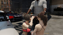 1boy 2girls 3d ada_wong artist_name big_penis bikini_top black_bikini_top black_hair black_leggings blender breasts brown_hair capcom car claire_redfield cleavage clock crop_top curvy dark-skinned_male dark_skin elbow_pads erection exposed_penis faceless_male female fully_clothed hands_on_head hands_on_penis hi_res huge_breasts huge_penis interracial large_breasts large_penis leggings lips looking_at_penis male misterlowerks nails offscreen_male outdoors penis_out pink_topwear ponytail public resident_evil resident_evil_2 resident_evil_2_remake short_hair signature sports_car squatting standing straight testicles thick_thighs threesome veiny_penis voluptuous wide_hips wristwatch