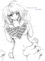 akamatsu_kaede bed_sheet blush checkered_scarf clothes danganronpa danganronpa_v3 looking_at_viewer nervous new_danganronpa_v3 on_bed sketch straight_hair