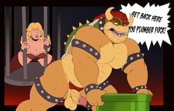 alternate_costume anthro balls bara big_lips bimbo bowser breasts burrserk duo english_text erection facial_hair female genitals human koopa male male_focus mammal mario_(series) musclegut muscular muscular_male nintendo penis princess_peach profanity pubes scalie solo_focus super_mario_bros. text vein veiny_penis video_games