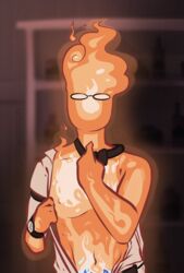 bartender classy fire flame glasses grillby indecentwanton orange_skin removing_shirt solo stripping taking_clothes_off tie undertale