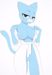 anthro areola bathrobe_only breasts cartoon_network domestic_cat felid feline felis female genitals hi_res kobradraws looking_at_viewer mammal nicole_watterson nipples open_mouth open_smile pussy smile smiling_at_viewer solo the_amazing_world_of_gumball